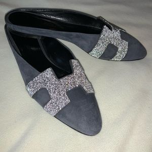 Grey, suede Hermès mules w/ crystal detailing 2019